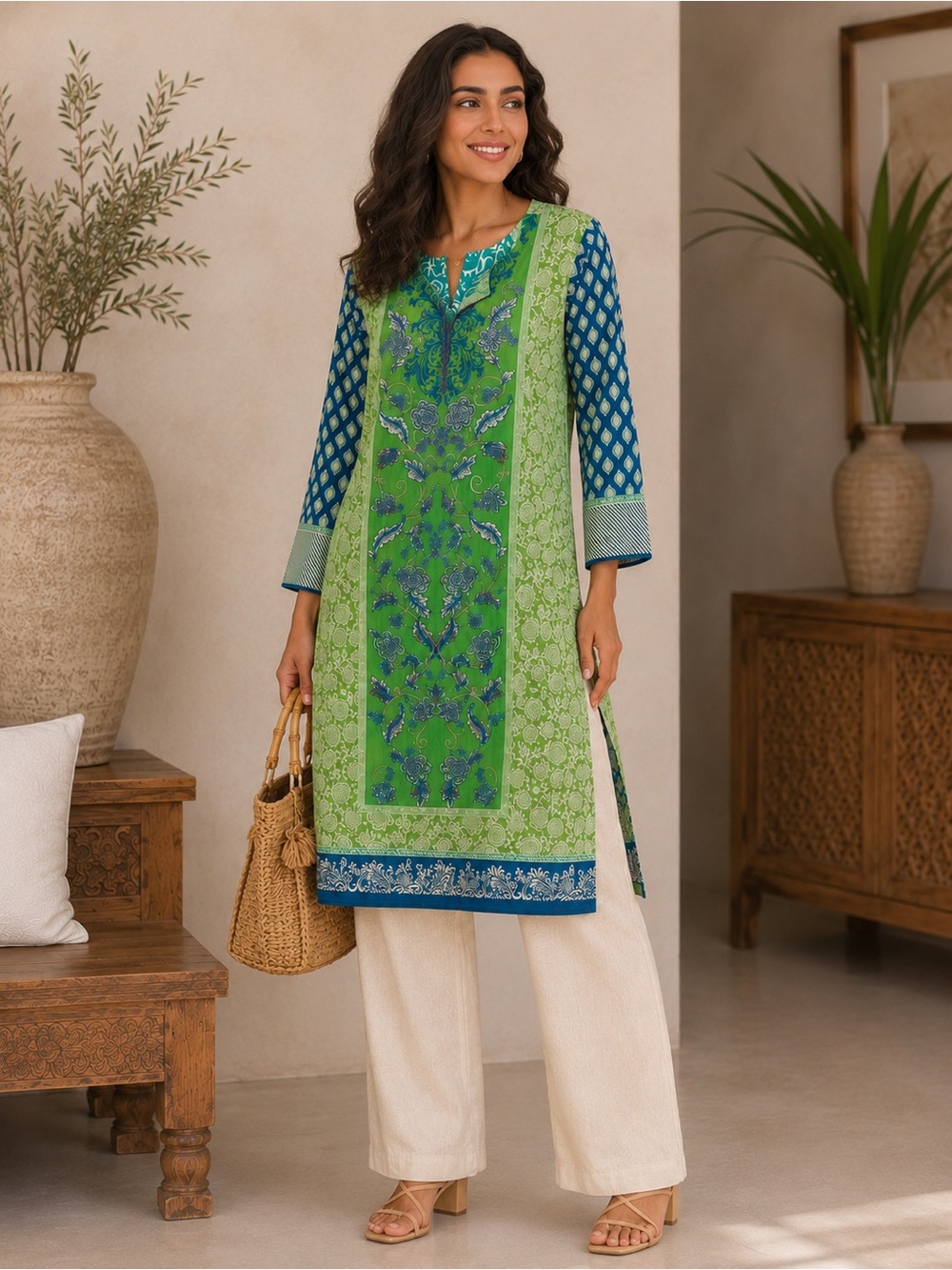 Alkaram Studio Cotton Embroidered Kurta Tunic Green Blue Boho Size M